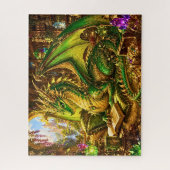 グリーンゴールドのドラゴンと本とコーヒー ジグソーパズル (縦)