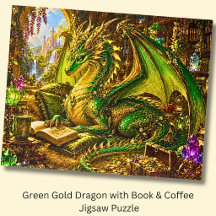 グリーンゴールドのドラゴンと本とコーヒー
