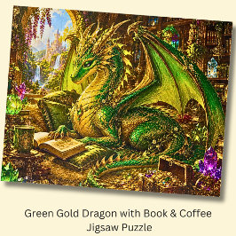 グリーンゴールドのドラゴンと本とコーヒー ジグソーパズル
