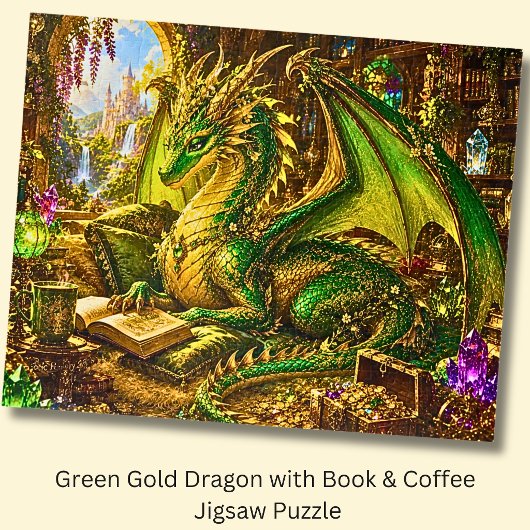 グリーンゴールドのドラゴンと本とコーヒー ジグソーパズル