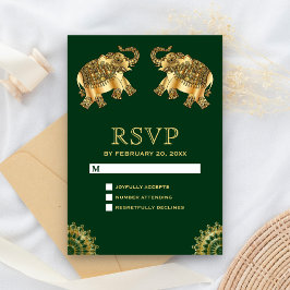 グリーンゴールドの民族風エレファント インド風RSVP 出欠カード