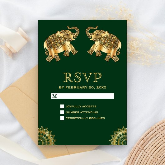 グリーンゴールドの民族風エレファント インド風RSVP 出欠カード