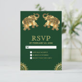 グリーンゴールドの民族風エレファント インド風RSVP 出欠カード (スタンド正面)