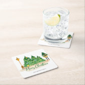 グリーンゴールドの水彩クリスマスツリー スクエアペーパーコースター (インサイチュ)