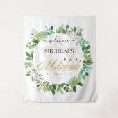 グリーンゴールドの葉のリース スターバーミッツヴァー歓迎 タペストリー (正面)