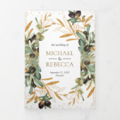 グリーンゴールドオリーブの葉の枝の写真 ウェディング 三つ折り招待状 (カバー)