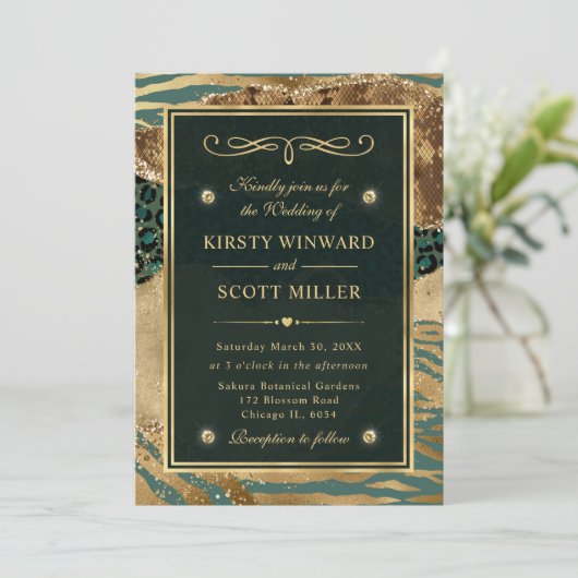 グリーンゴールドグリッタージャングルアゲートウェディング 招待状 (スタンド正面)