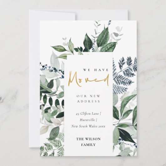 グリーンゴールドグリーンリースフレーム 引っ越しました カード (正面)