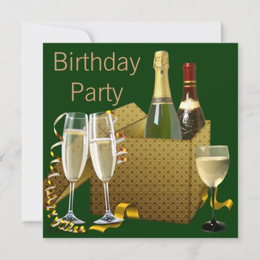 グリーンゴールドシャンパングラス 誕生日パーティー 招待状 (正面)