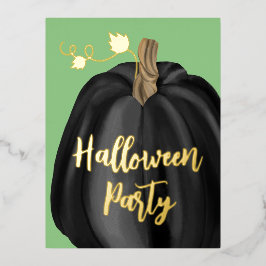 グリーンゴールドスクリプトパンプキンハロウィンパーティー 箔招待状ポストカード