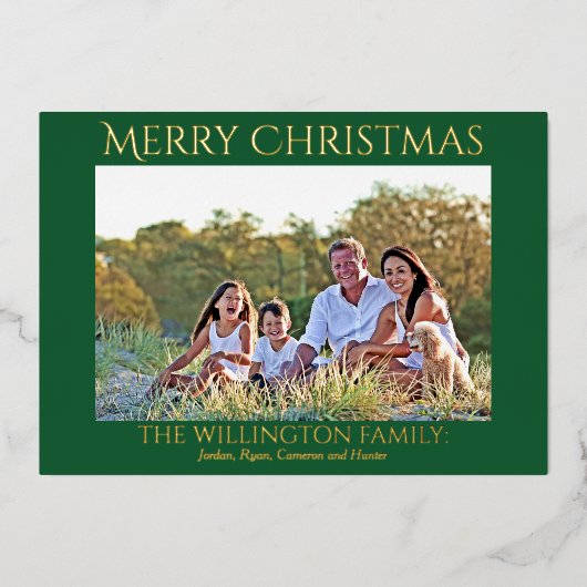 グリーンゴールドファミリー写真　メリークリスマス 箔シーズンカード (正面)