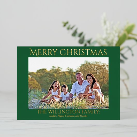 グリーンゴールドファミリー写真　メリークリスマス 箔シーズンカード (立ち正面)