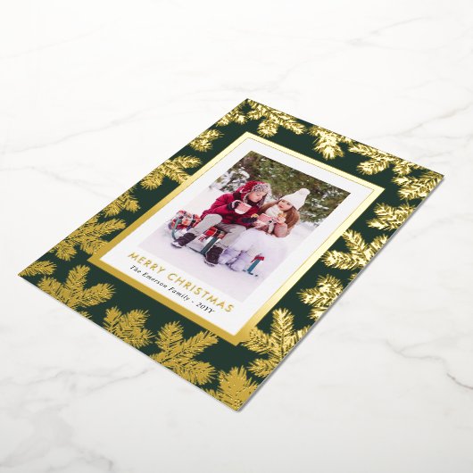 グリーンゴールドフォイルフォトホリデーカード 箔シーズンカード (回転した状態)