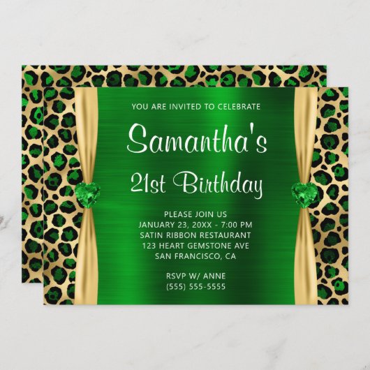 グリーンゴールドレパードホイルジェムハート21歳の誕生日 招待状 (正面/裏面)