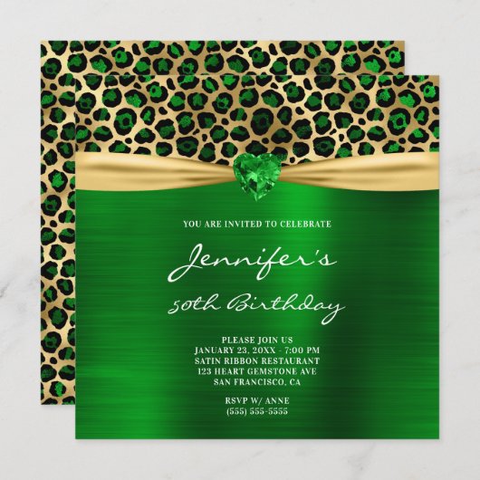 グリーンゴールドレパードホイルジェムハート 50歳の誕生日 招待状 (正面/裏面)