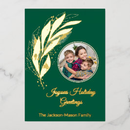 グリーンゴールド箔の水の色のリーフフォトクリスマス 箔シーズンカード