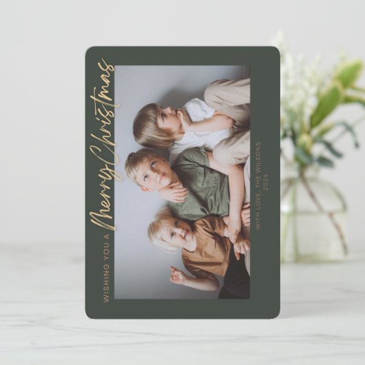 グリーンゴールド シンプル フォト メリークリスマス シーズンカード (スタンド正面)