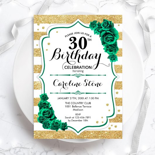 グリーンゴールド＆ホワイトストライプの花柄 30歳の誕生日 招待状