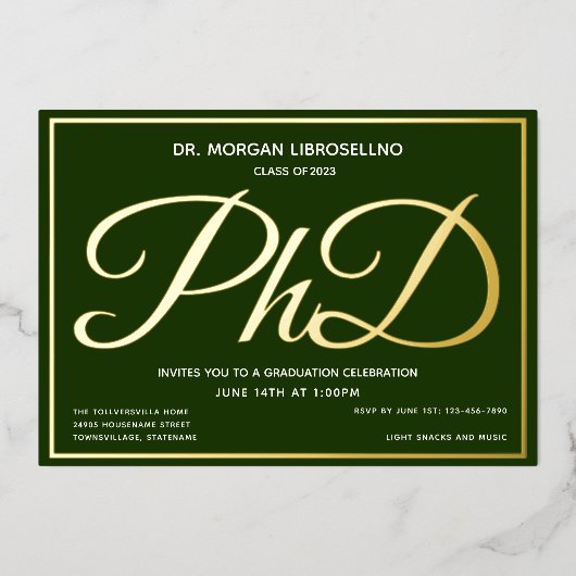 グリーンゴールドPhD卒業式 箔招待状 (正面)
