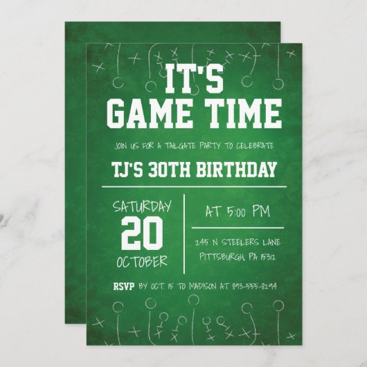 グリーンサッカースポーツ誕生日 招待状 (正面/裏面)