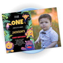 グリーンサファリの1歳誕生日招待状（写真付き）