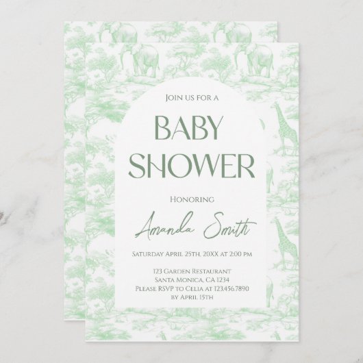 グリーンサファリアニマルトワルドジュエベイビーシャワー 招待状 (正面/裏面)