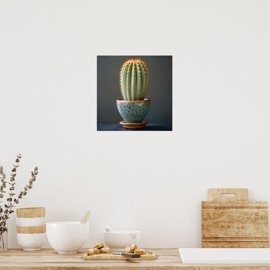 グリーンサボテンのティール(緑がかった色)セラミックポット写真 ポスター (キッチン)