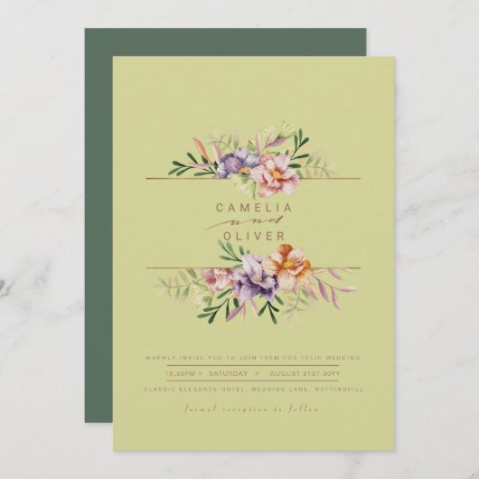 グリーンサマーフローラ結婚式QRコードを招待 招待状 (正面/裏面)