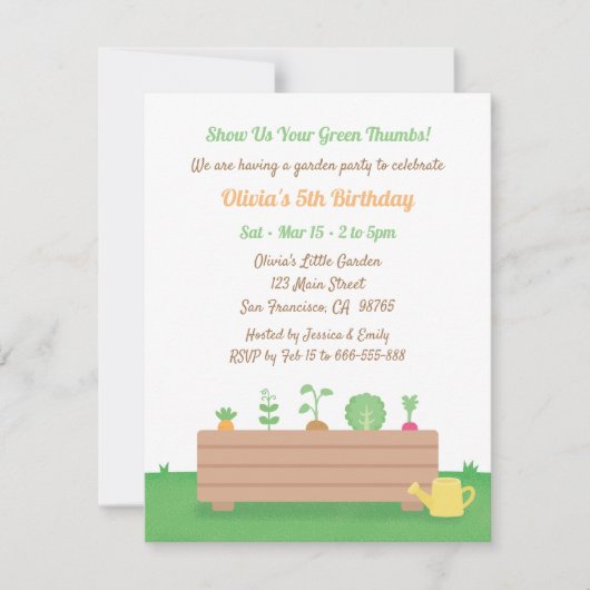 グリーンサムスプランターボックス子供の誕生日パーティー 招待状 (正面)