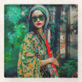 グリーンサングラスの女性 ガラスコースター