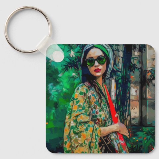 グリーンサングラスの女性 キーホルダー (正面)