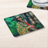 グリーンサングラスの女性 スクエアペーパーコースター (アングル)