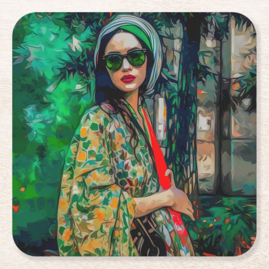 グリーンサングラスの女性 スクエアペーパーコースター (正面)