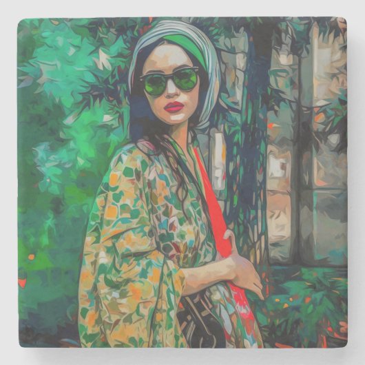 グリーンサングラスの女性 ストーンコースター (正面)