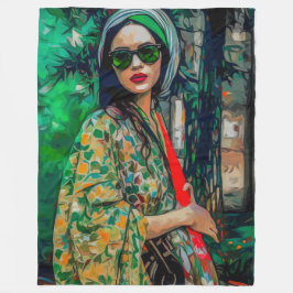 グリーンサングラスの女性 フリースブランケット