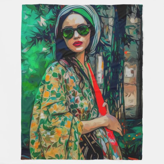 グリーンサングラスの女性 フリースブランケット (正面)