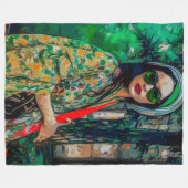 グリーンサングラスの女性 フリースブランケット (正面(横))