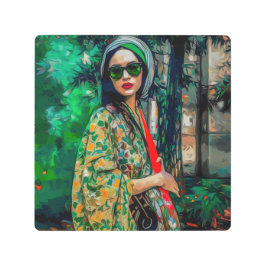 グリーンサングラスの女性 メタルプリント