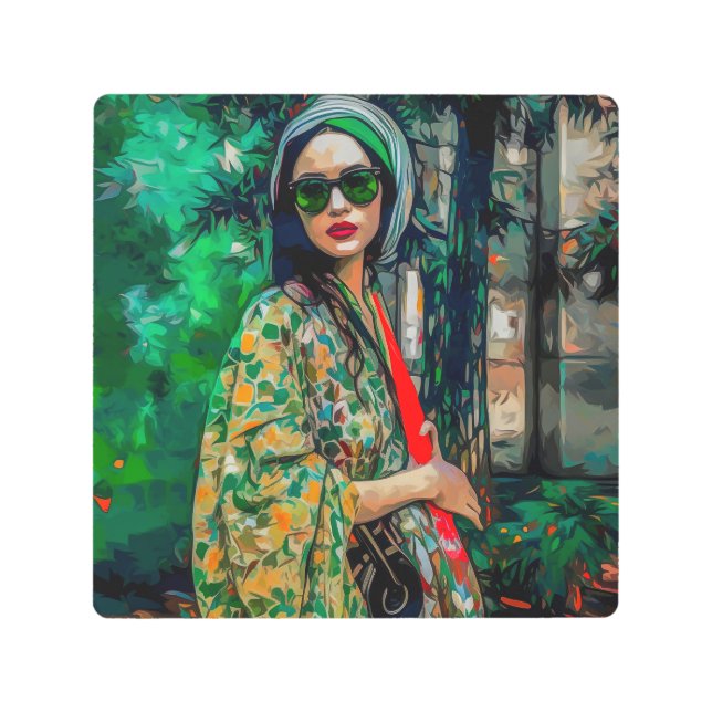 グリーンサングラスの女性 メタルプリント (正面)