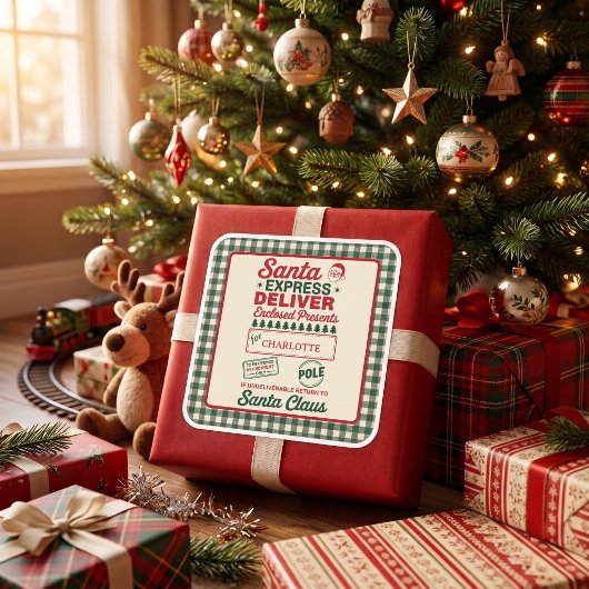 グリーンサンタの特急便 クリスマス柄チェック スクエアシール