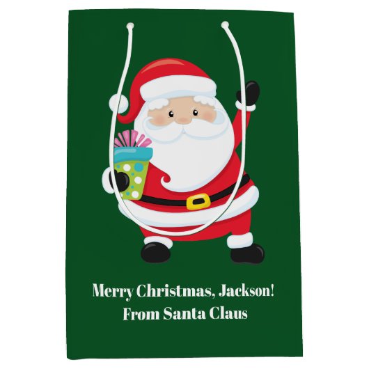 グリーンサンタクロースカスタマイズキッズクリスマス ミディアムペーパーバッグ (正面)