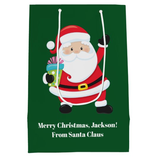 グリーンサンタクロースカスタマイズキッズクリスマス ミディアムペーパーバッグ (裏面)
