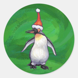 グリーンサンタ・ハットにかわいいペンギン ラウンドシール