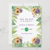 グリーンサンフラワーパープルフローラの日付カードを保存 招待状 (正面)