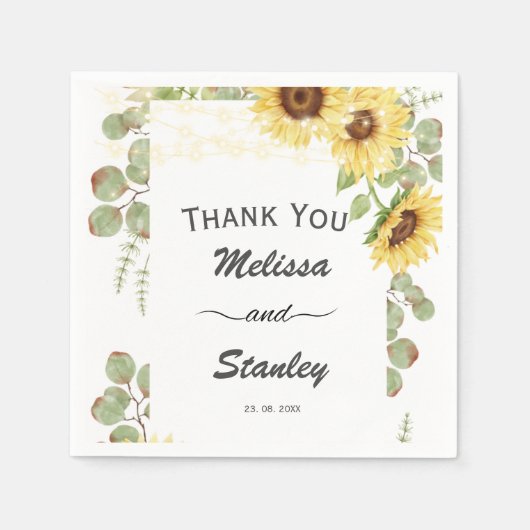 グリーンサンフラワーユーカリ結婚ストリングライト スタンダードカクテルナプキン (正面)