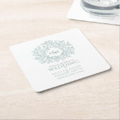 グリーンサークルリーフスケッチモノグラム結婚ズ スクエアペーパーコースター (アングル)