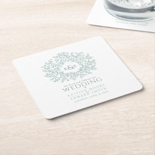 グリーンサークルリーフスケッチモノグラム結婚ズ スクエアペーパーコースター (アングル)