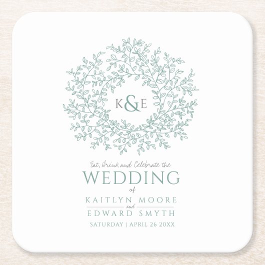グリーンサークルリーフスケッチモノグラム結婚ズ スクエアペーパーコースター (正面)