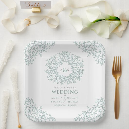 グリーンサークルリーフスケッチモノグラム結婚ズ ペーパープレート (ウェディング)