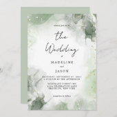 グリーンサージェの水彩ゴールド流体インクウェディング 招待状 (正面/裏面)